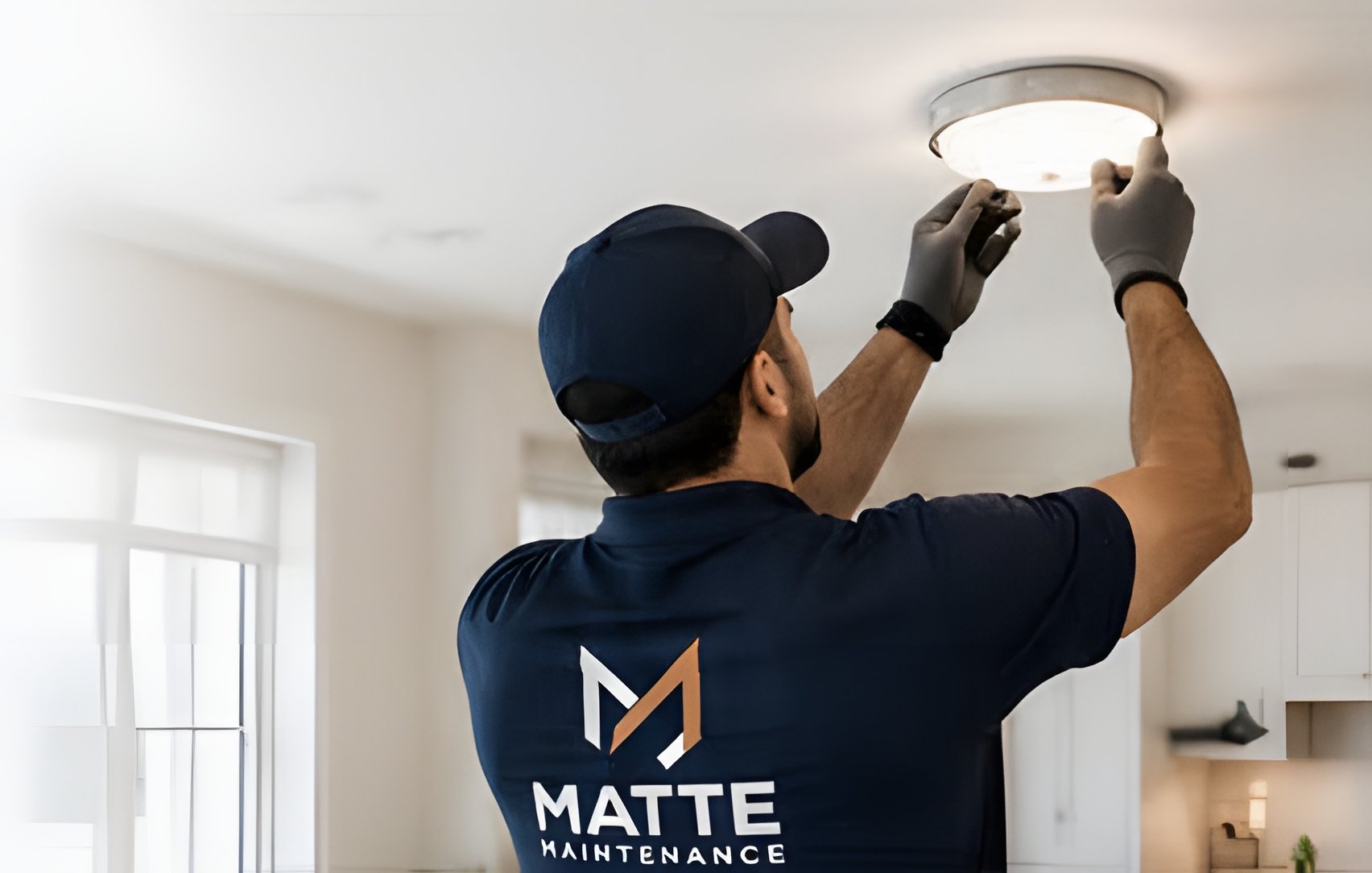 Matte Maintenance technician installing a ceiling light fixture